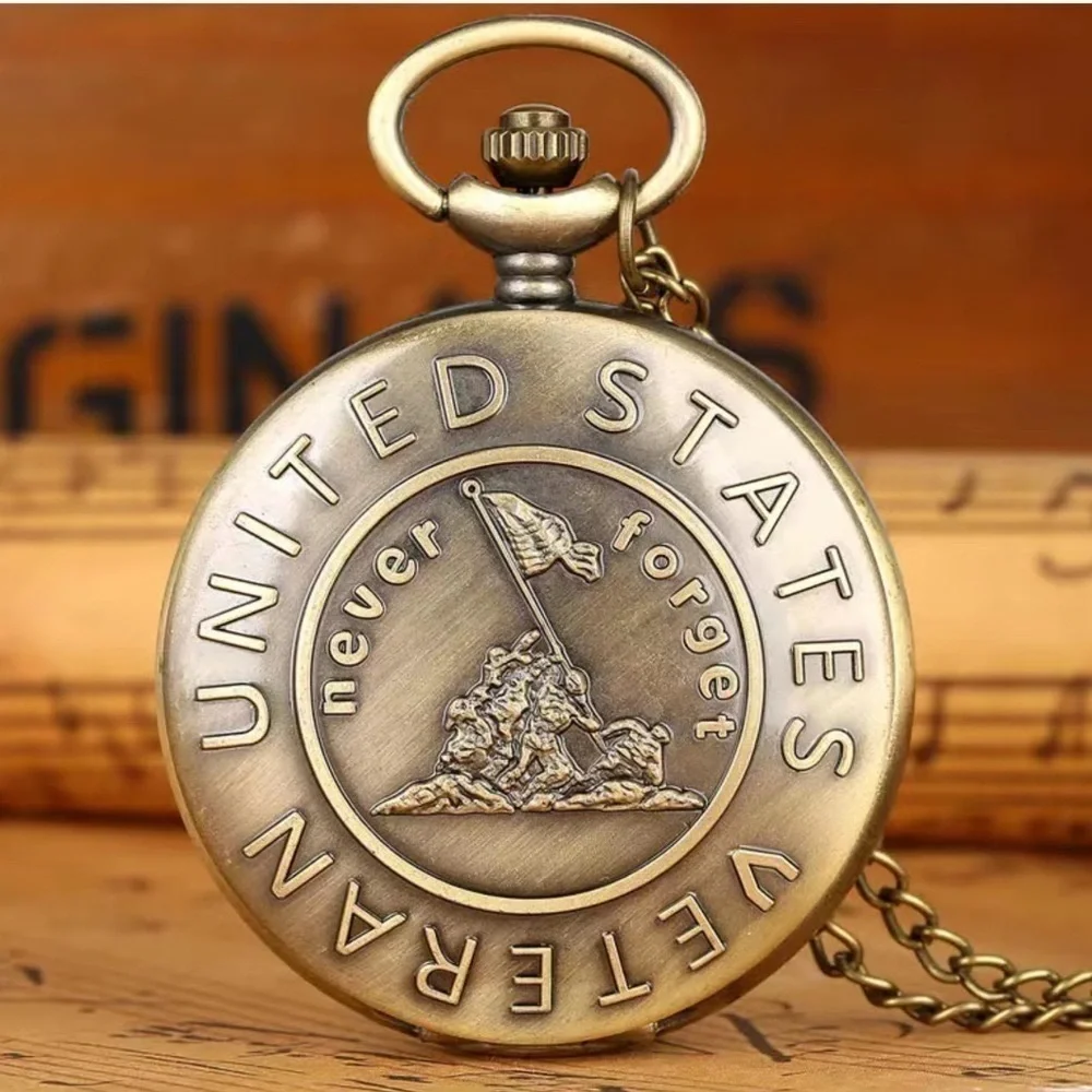 Pocket Watch with Chain Veteran Patriotic Flip Open USA Bronze Unisex Gift